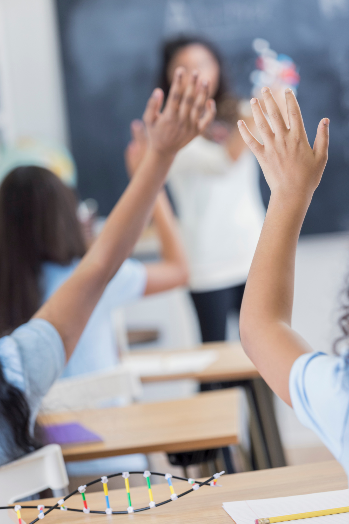 Middle school students raise their hands during class